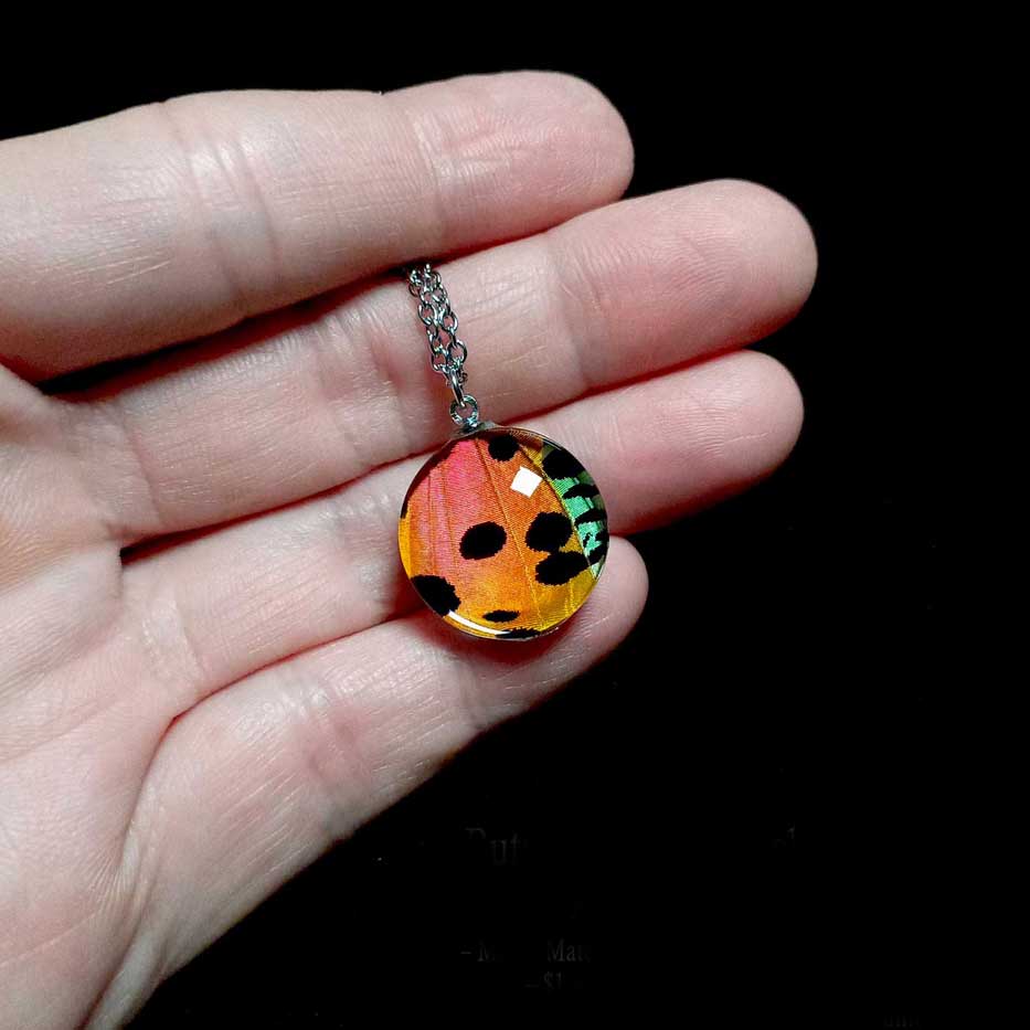 Collana artigianale con ala di Urania ripheus mostrata sulla mano, sotto lente di vetro rotonda, colori iridescenti e raffinata lavorazione