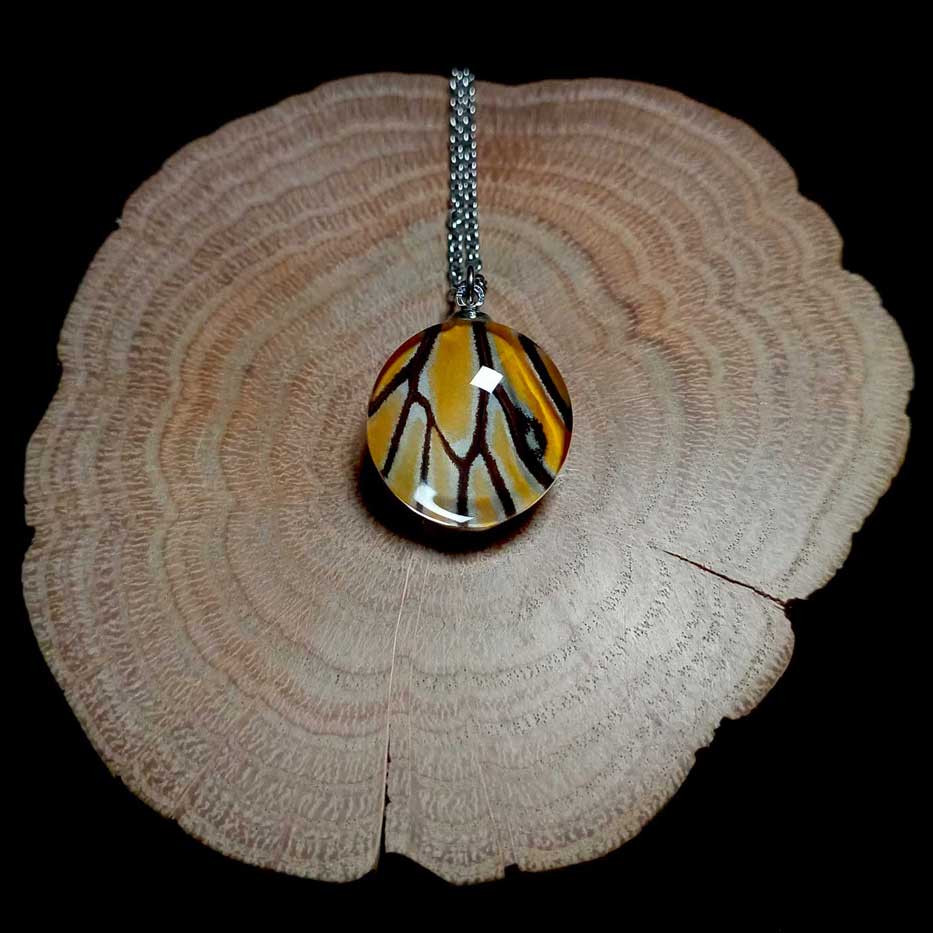 Collana con vera ala di farfalla Danaus genutia con ala arancione e nera di farfalla tigre comune conservata sotto lente in vetro come ciondolo