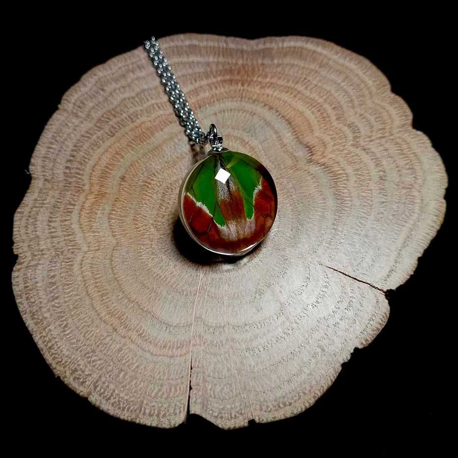Collana con ala di farfalla Graphium weiskei con lente rotonda in vetro che mostra un’ala di farfalla macaone con macchie viola trasformata in gioiello
