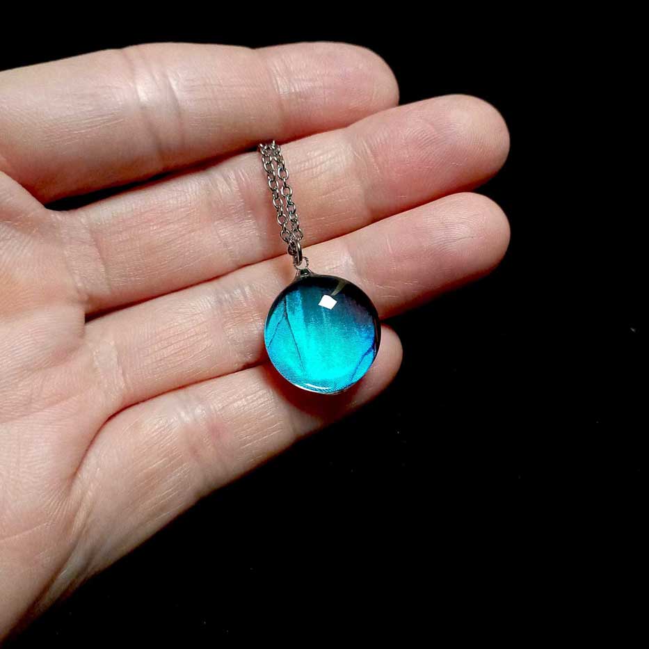 Collana reale con ala di farfalla Morpho deidamia mostrata sulla mano, ala blu marmorizzata sotto vetro