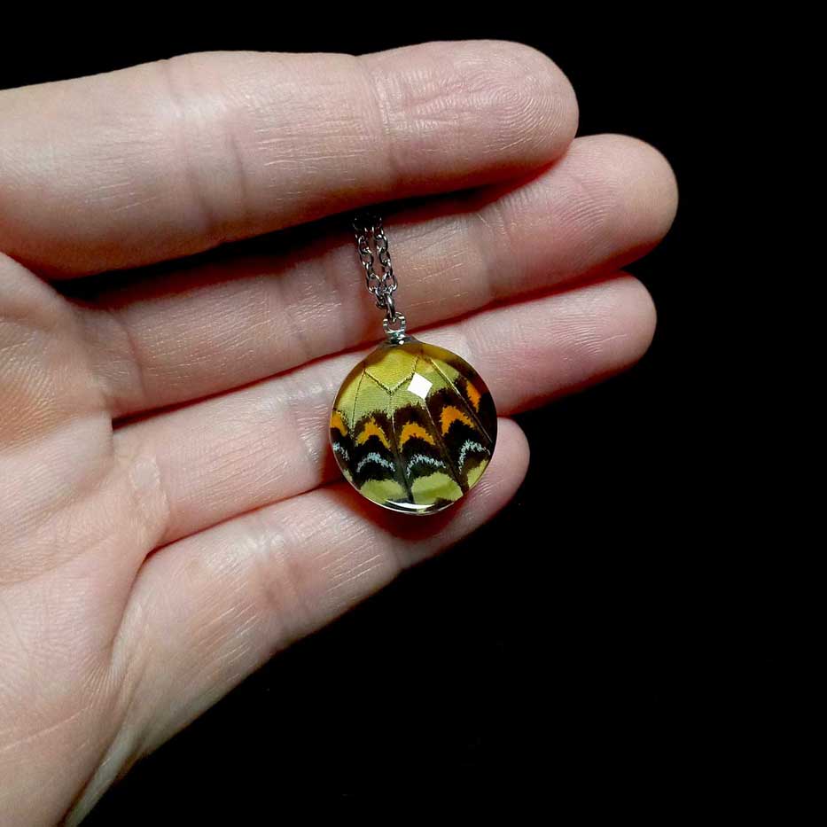 papilio androgeus butterfly wing necklace on hand