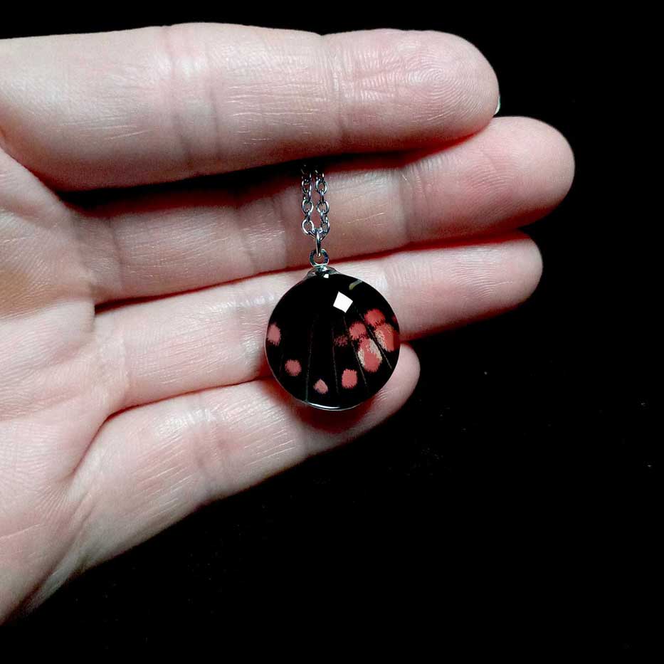 papilio isidorus butterfly wing necklace on hand