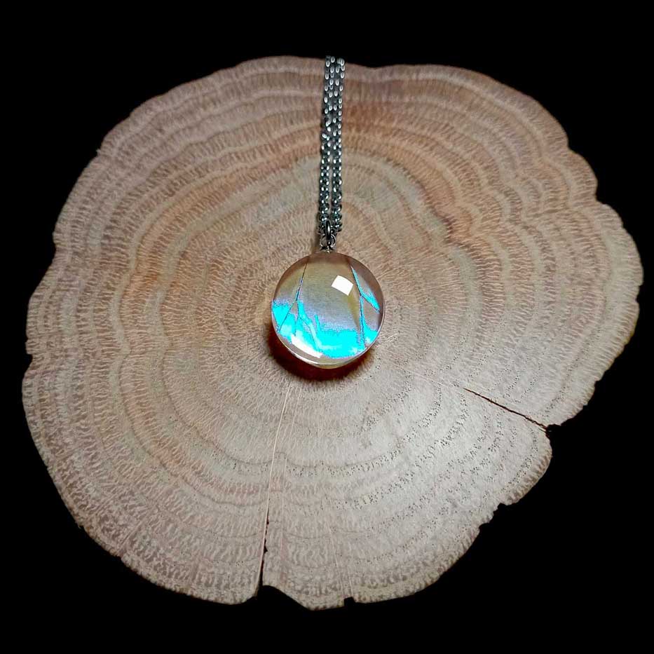 Collana con vera ala di farfalla Morpho sulkowskyi con tonalità bianco-blu iridescenti olografiche, gioiello artigianale naturale