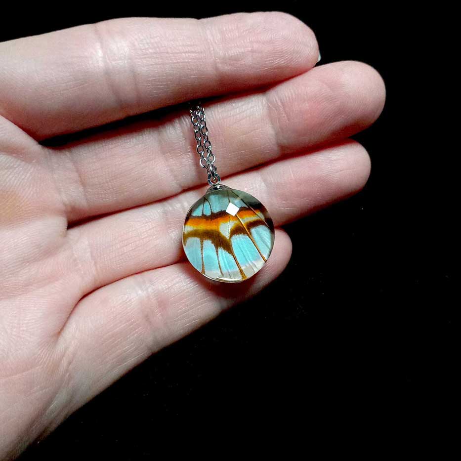 siproeta stelenes butterfly wing necklace on hand