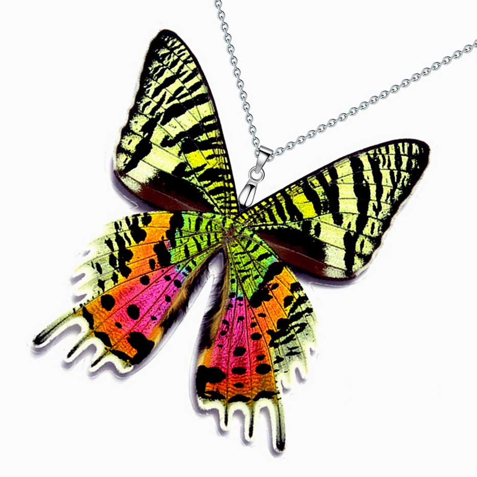 Urania ripheus falena del Madagascar che apre ali iridescenti arcobaleno, ispirazione per collana con ala di falena